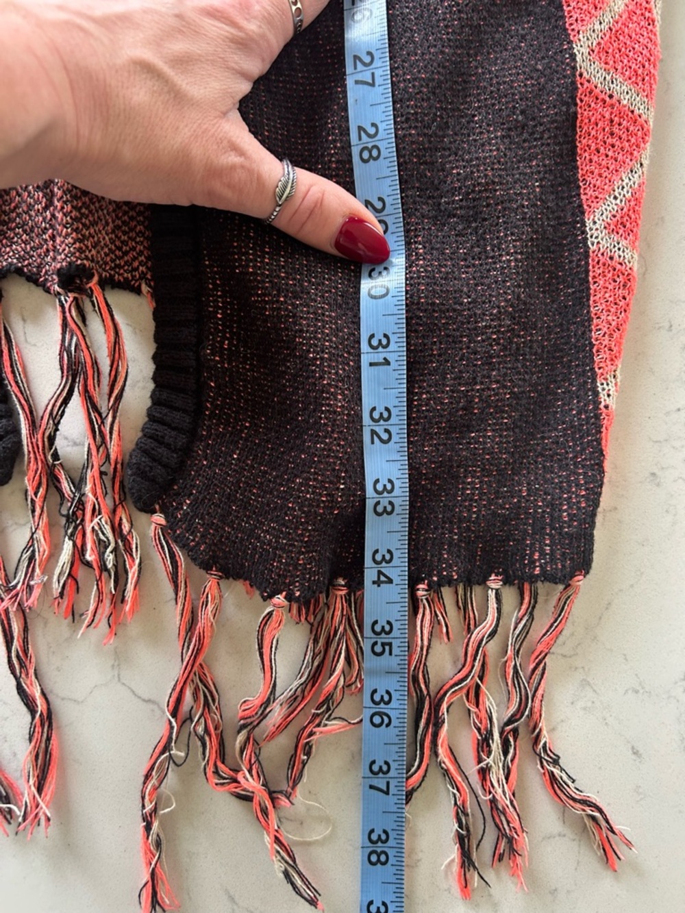 Mine Boho Aztec Fringe Sweater Cardigan Kimono in Black and Coral - Picture 14 of 15